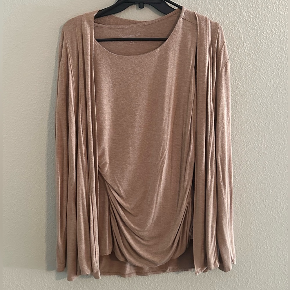 2 PC SET , tan with fitted undershirt and fitted cardigan